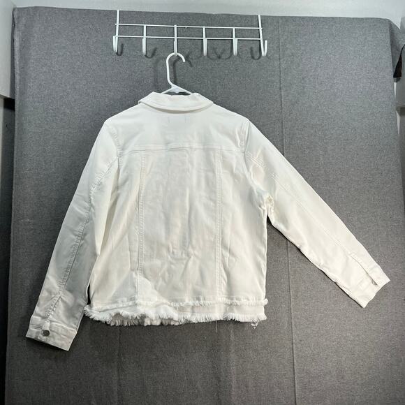 Susan Graver Stretch Denim Size M White Button-Front Frayed Jean Jacket - Picture 3 of 9